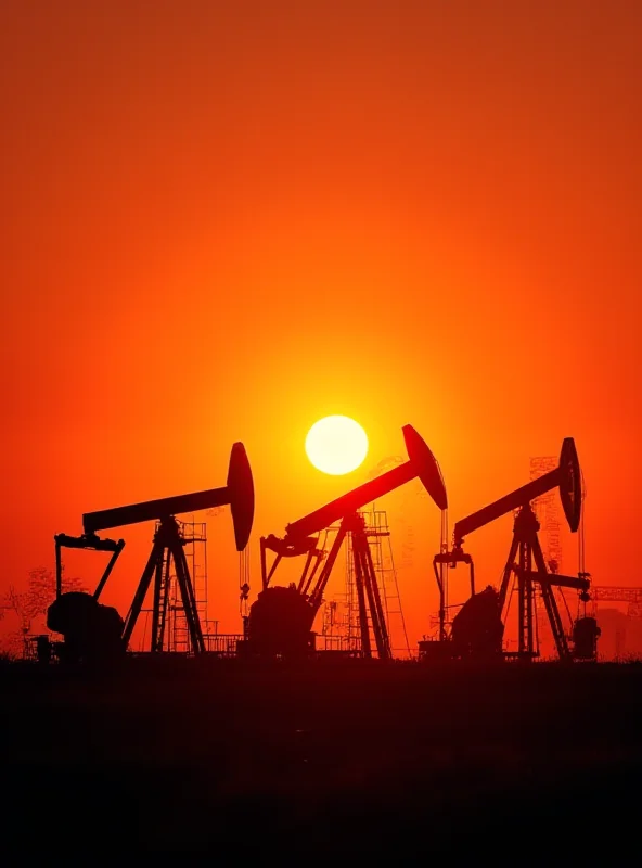 Oil derricks silhouetted against a sunset, with a subtle overlay of money symbols.