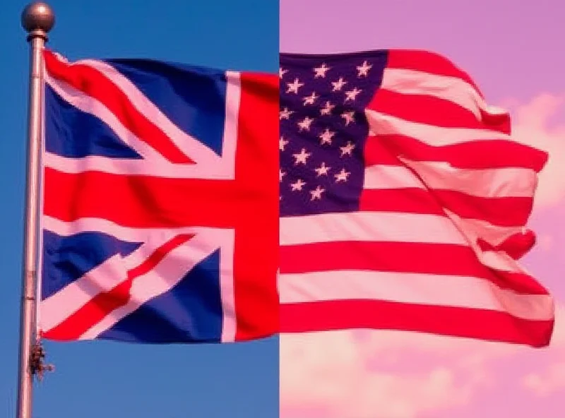 A split image. On the left, the Union Jack flag. On the right, the American flag.