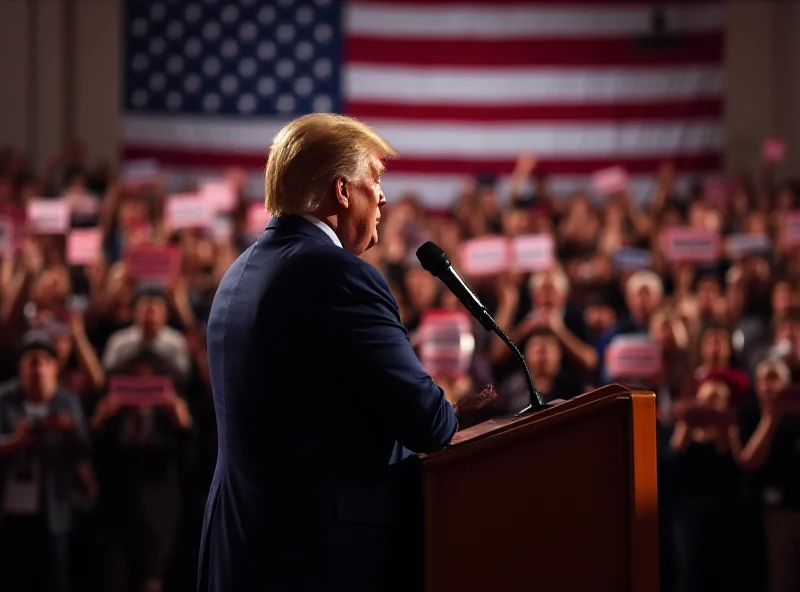 Donald Trump addressing a crowd at a rally, with American flags waving in the background.