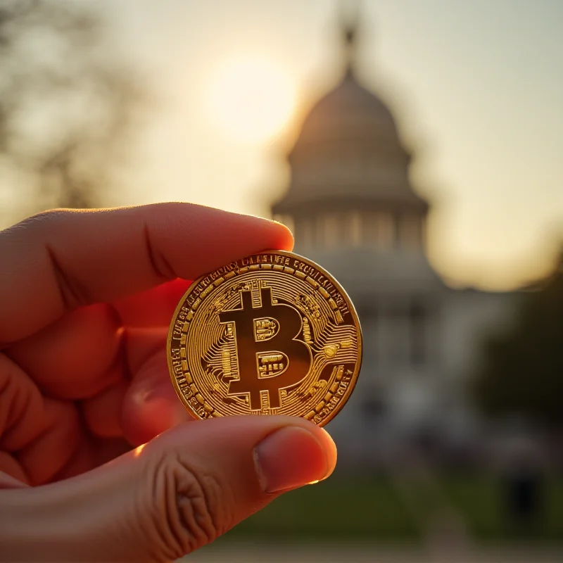 Close-up of a hand holding a Bitcoin, with the US Capitol building blurred in the background, symbolizing Trump's cryptocurrency ventures.