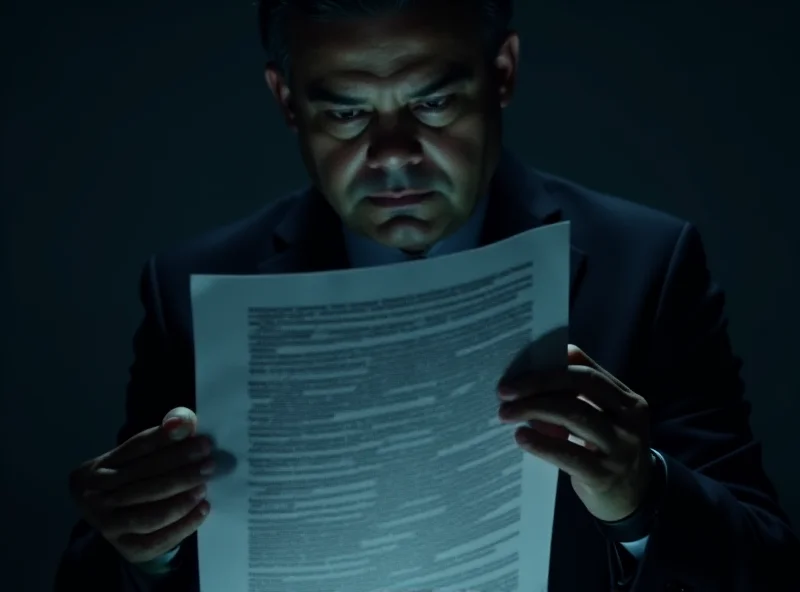 Image of a redacted document being reviewed by a serious looking official in a dimly lit office.