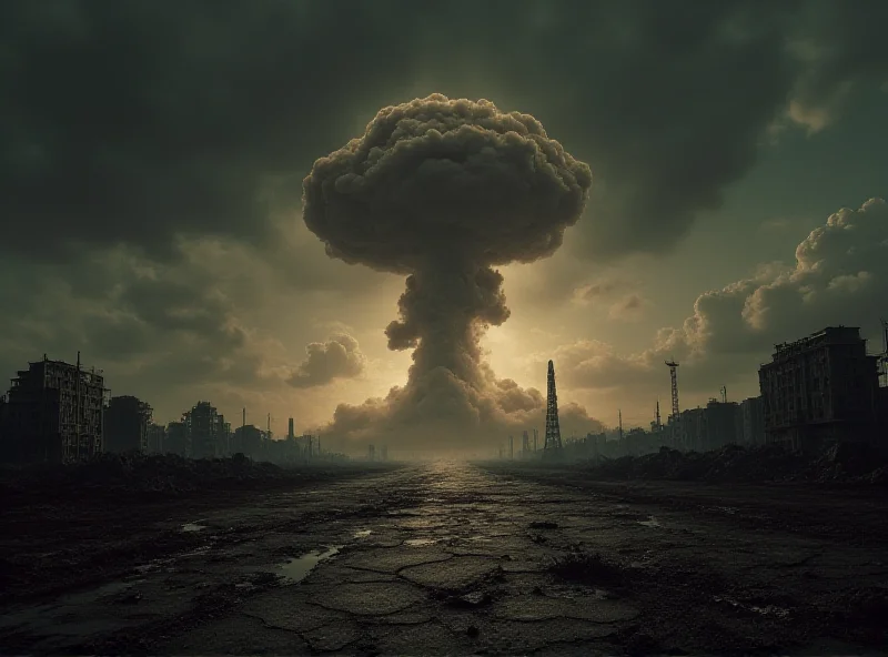 Image of a mushroom cloud rising in the distance with a desolate landscape in the foreground.