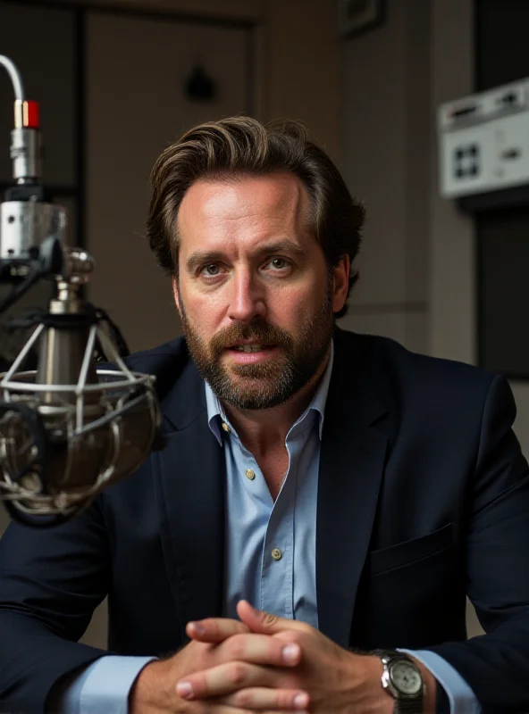 Image of Alex Marlow speaking on a radio show, looking directly at the camera with a microphone in front of him.