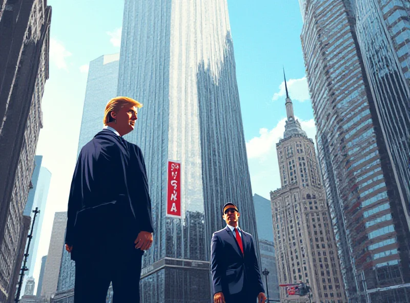 Illustration of Trump Tower in New York City with subtle Secret Service presence and a stylized NYU campus in the background.