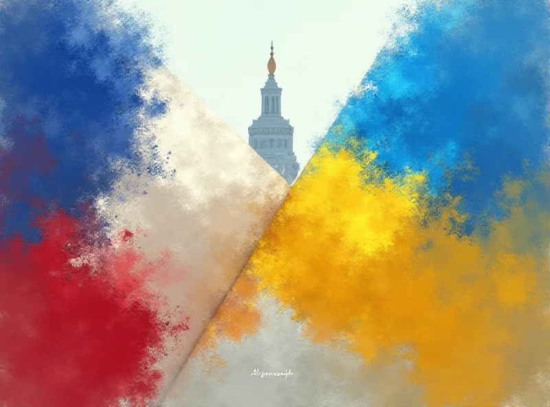 A digital painting depicting the flags of France and Ukraine intertwined, symbolizing their alliance. In the background, a faint silhouette of Washington D.C. represents the changing international landscape.