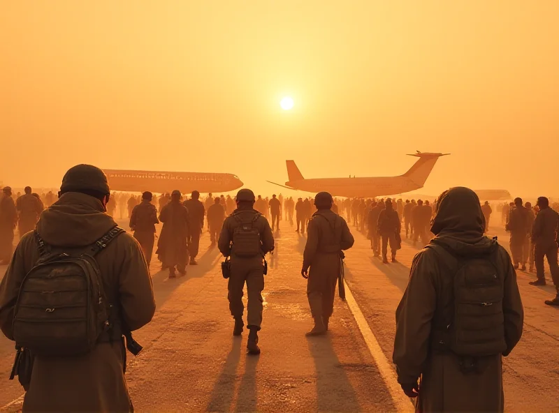 A depiction of Kabul Airport during the Afghanistan withdrawal, with U.S. military personnel and Afghan civilians present. The scene is chaotic but also hopeful, showing the last stages of the evacuation.