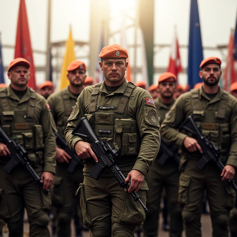 A group of NATO soldiers from various countries standing side-by-side, representing the unity and strength of the alliance. Flags of NATO member states are visible in the background.