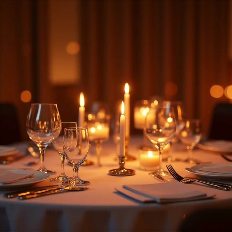 A rendering of a formal dinner setting with candlelight.