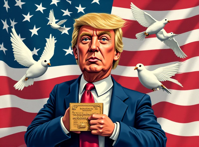 Illustration of Donald Trump holding a Nobel Peace Prize, with doves flying around him, set against the backdrop of the American flag.