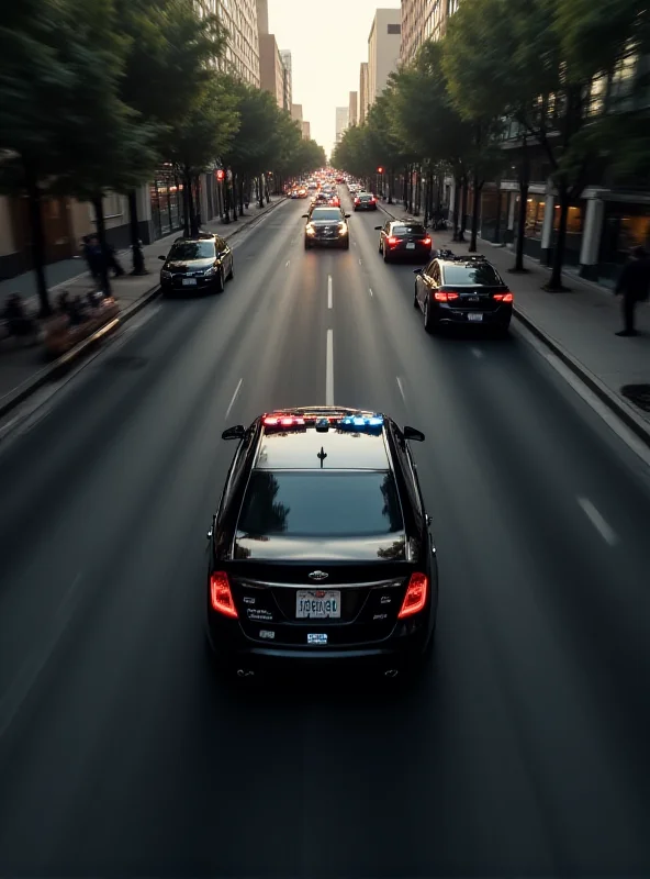 Aerial view of an Oakland police car speeding down a city street with blurred motion. The scene should convey urgency and potential danger.