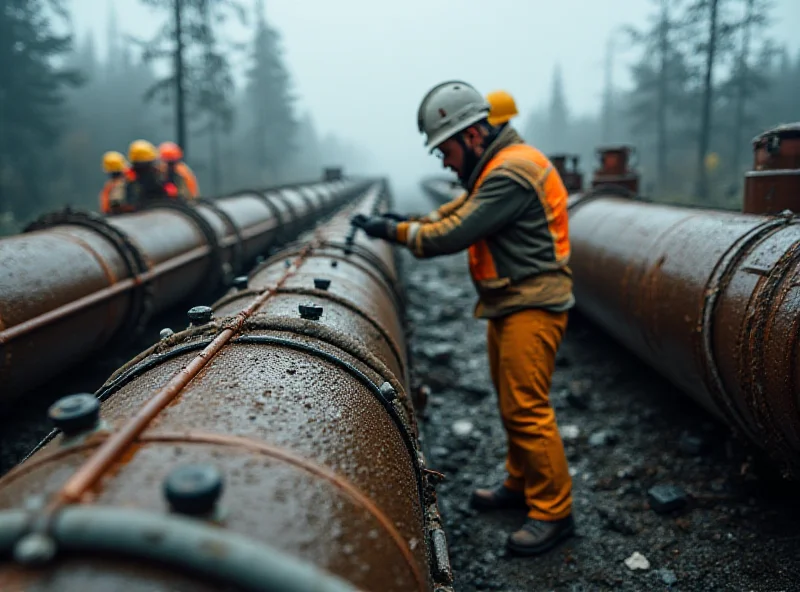 A close-up shot of a gas pipeline being decommissioned. Workers in hard hats are visible, and the scene should convey a sense of industrial activity and environmental safety.