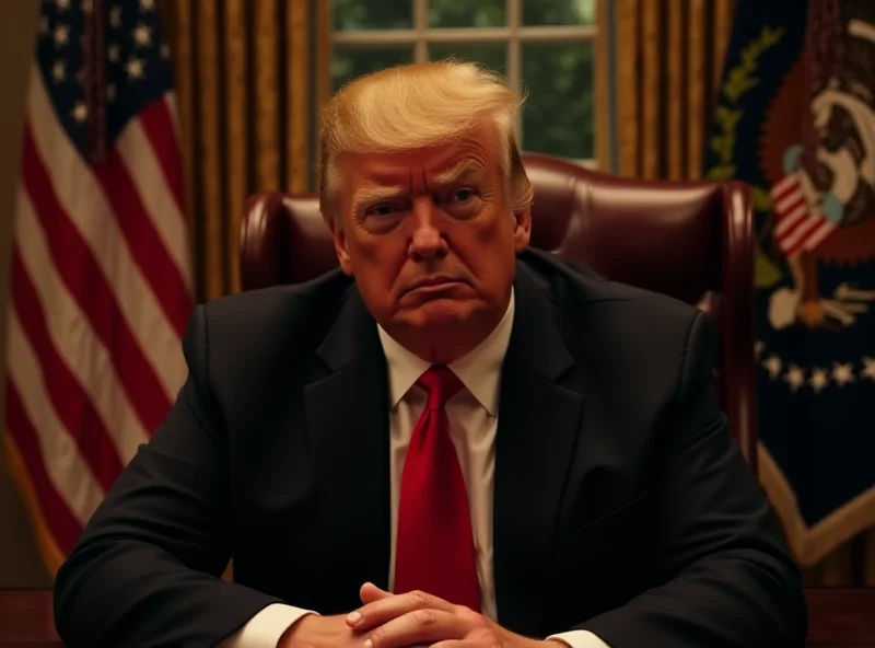 Donald Trump sitting at a desk in the Oval Office, looking serious.