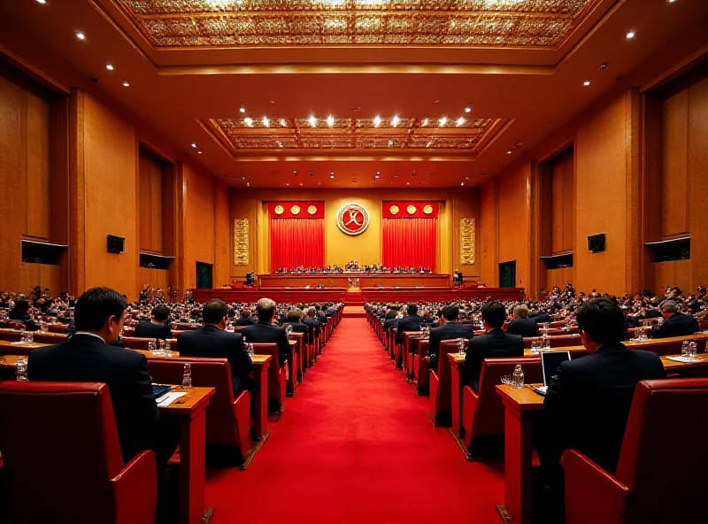 A wide shot of the Great Hall of the People in Beijing during the Two Sessions, showing delegates in formal attire.