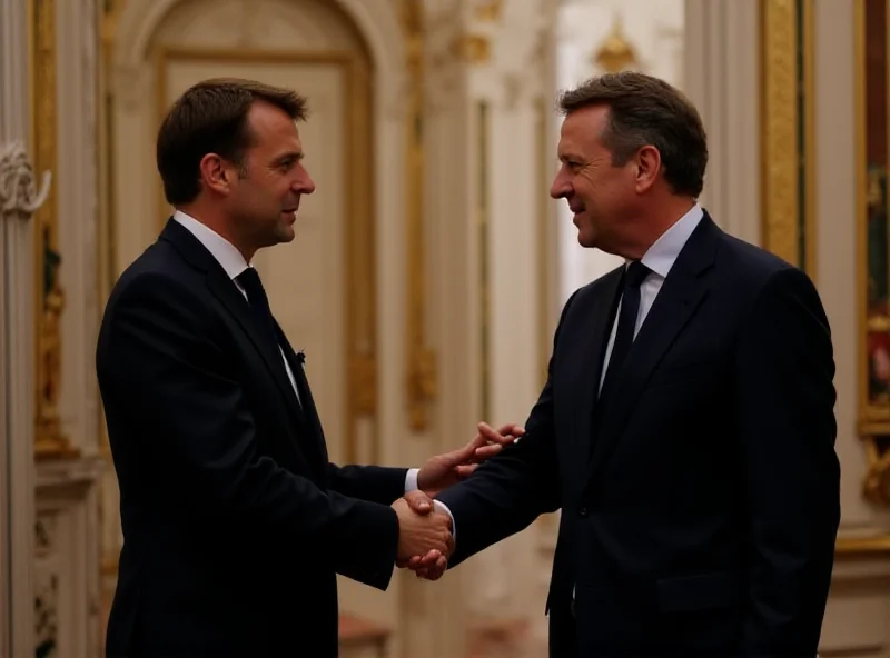 Emmanuel Macron and Friedrich Merz shaking hands in the Élysée Palace in Paris.