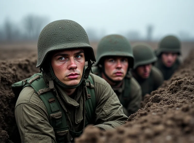 Ukrainian soldiers in trenches on the front line, looking determined.