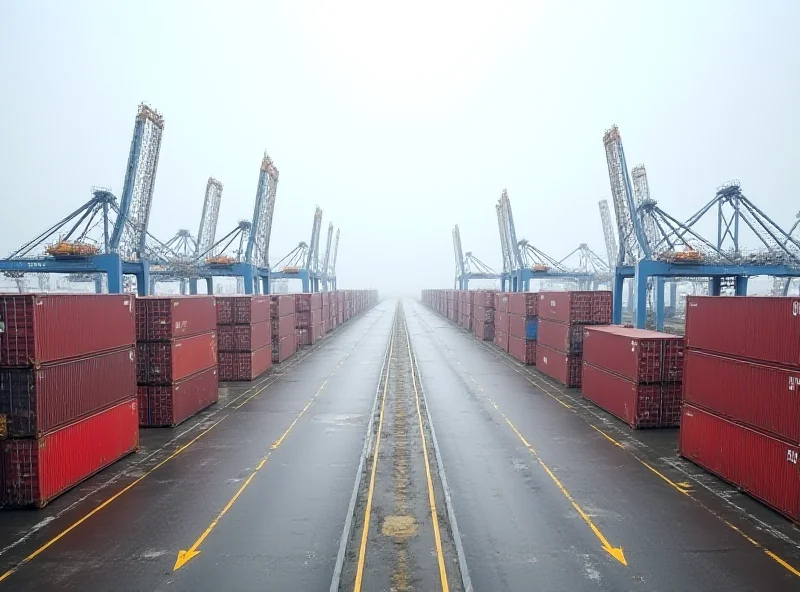 Shipping containers stacked at a port, symbolizing international trade and tariffs.