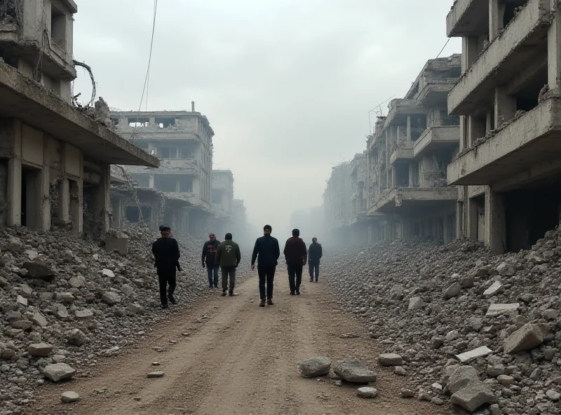 A tense scene in Gaza, with damaged buildings and people looking concerned.