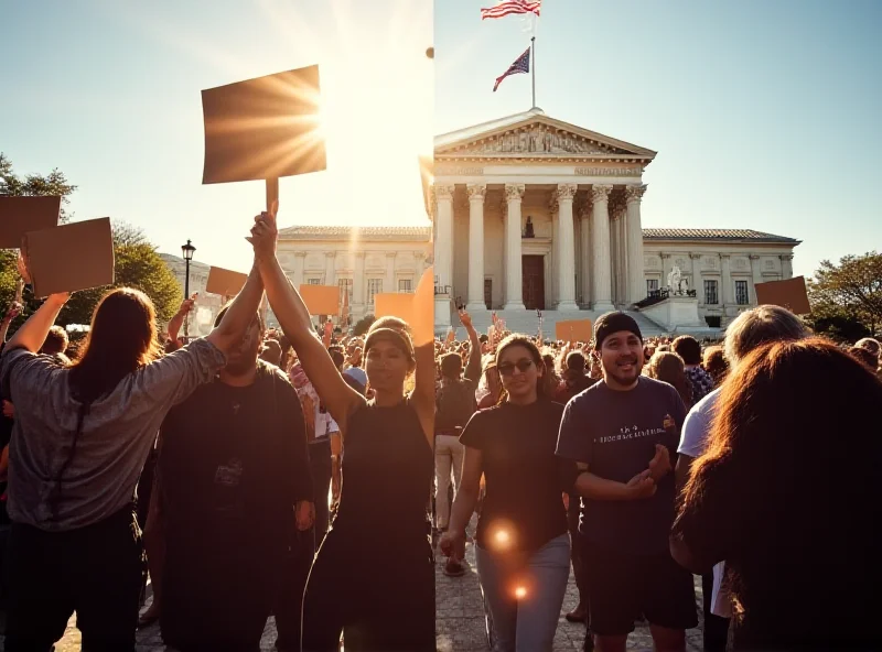 A split image showing protesters on one side and a US government building on the other, symbolizing the division.