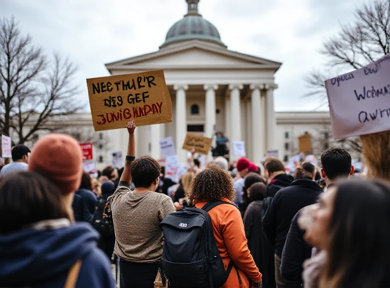 A diverse group of people protesting with signs outside a government building, some signs referencing sanctuary cities and immigration policy.