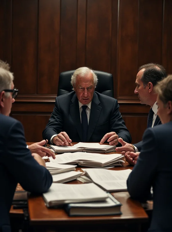 A courtroom scene with lawyers arguing a case before a judge, with documents and legal books visible. The atmosphere is serious and formal.