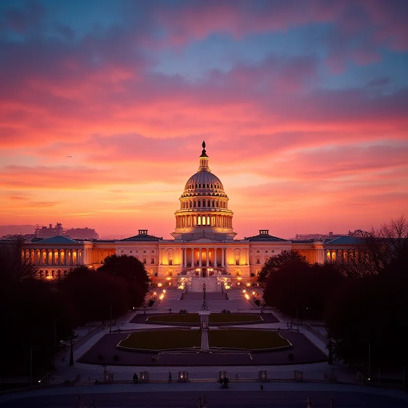 A wide shot of the United States Capitol Building at sunset, with the sky displaying vibrant colors. The building is illuminated, casting a warm glow.