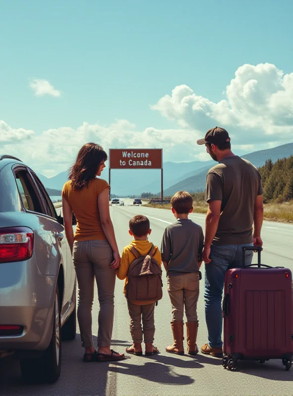 A Canadian family looking at a map of the United States, appearing hesitant.