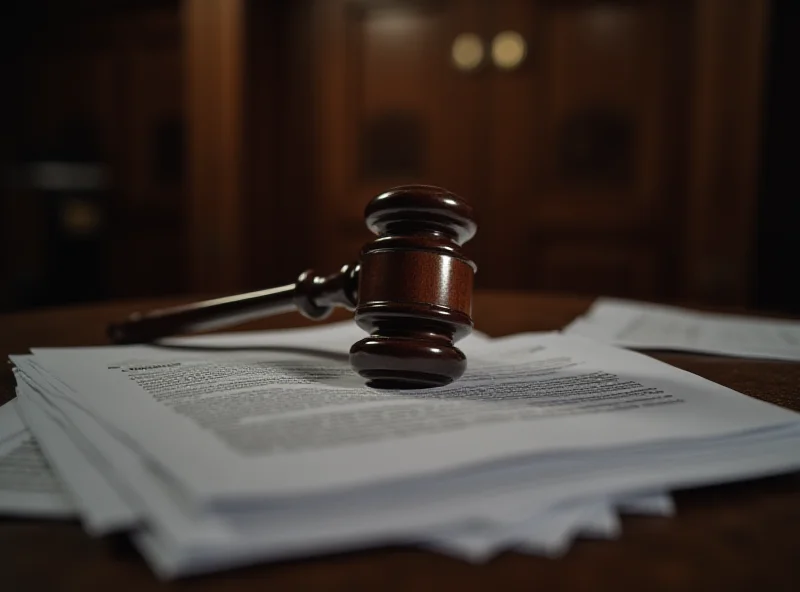 Gavel resting on a stack of legal documents in a courtroom setting.