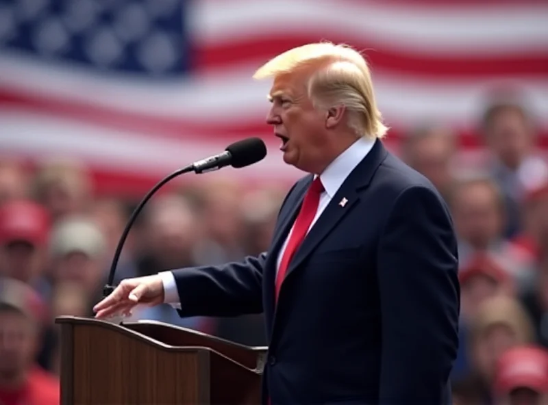 Donald Trump speaking at a rally with an American flag in the background.