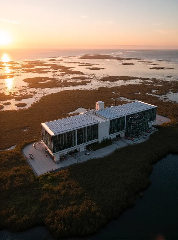 Aerial view of NOAA research facility at sunset.