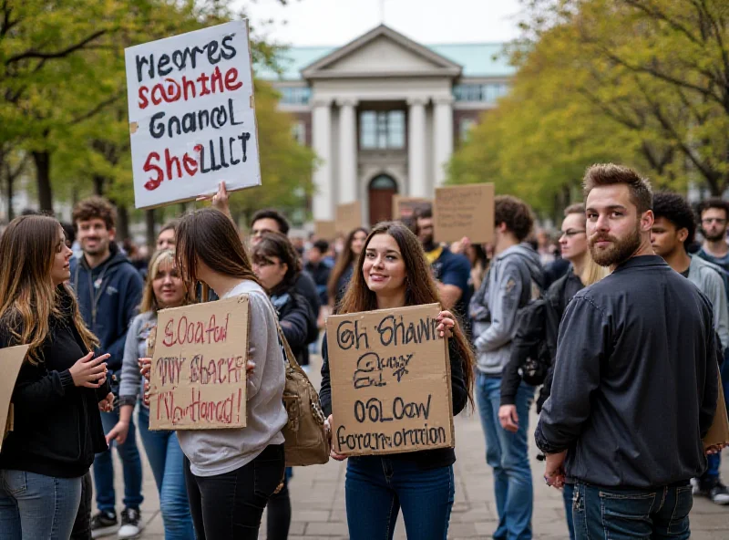 A group of diverse university students protesting budget cuts on campus.