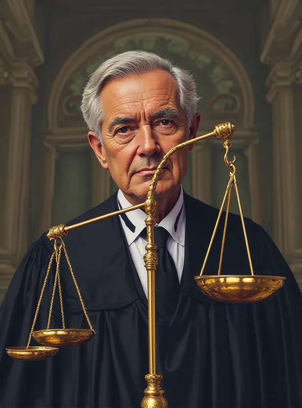 Illustration depicting a judge with scales of justice in the background, with an emphasis on the concept of judicial independence and the balance of power.