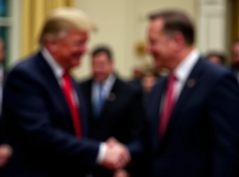 Donald Trump shaking hands with Elon Musk, both smiling, against a blurred background of the White House.