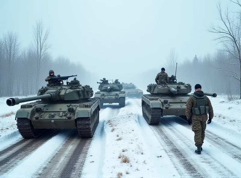 European tanks and military vehicles during a training exercise in a snowy landscape.