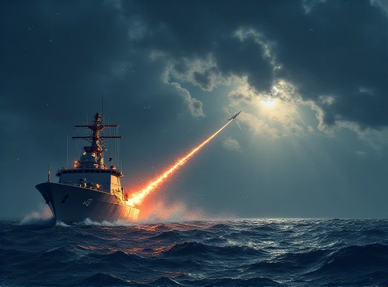 Illustration of a hypersonic missile being launched from a Russian warship in the Black Sea, targeting a cargo ship. The sky is dark and stormy, emphasizing the tension of the moment.