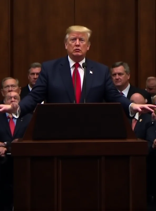 Donald Trump addressing a joint session of Congress, with members of both parties listening attentively. The setting is formal and serious, emphasizing the importance of the event.