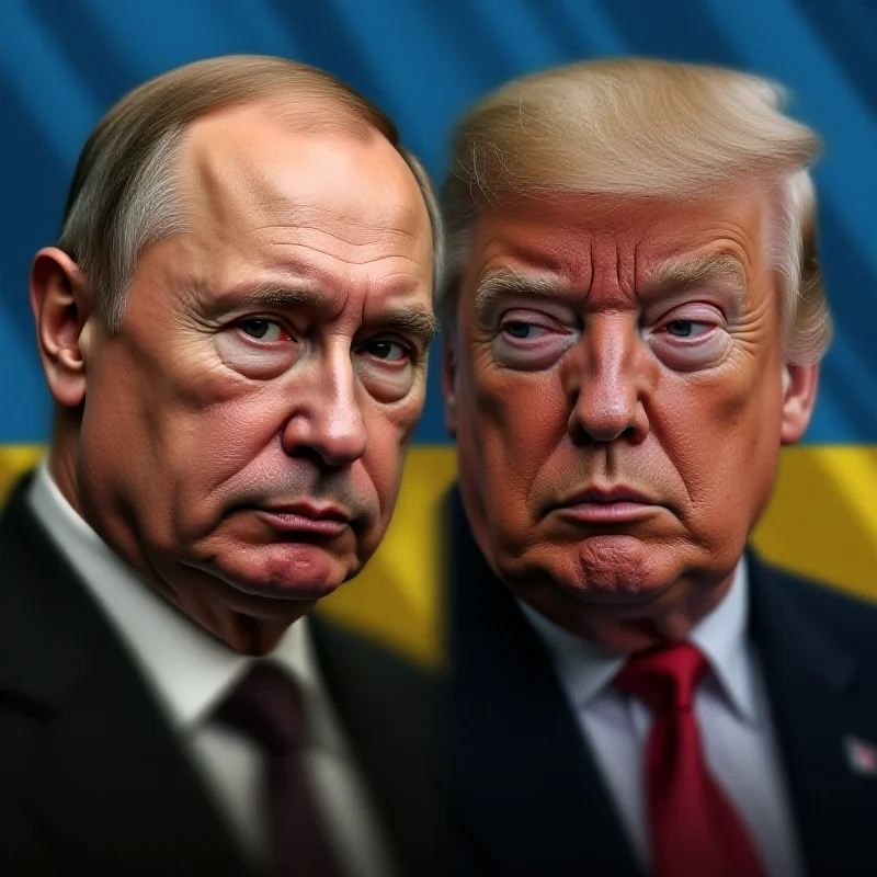 A split image. On the left, a determined portrait of Vladimir Putin. On the right, a resolute portrait of Donald Trump. The background is a blurred image of the Ukrainian flag, symbolizing the conflict that connects them.