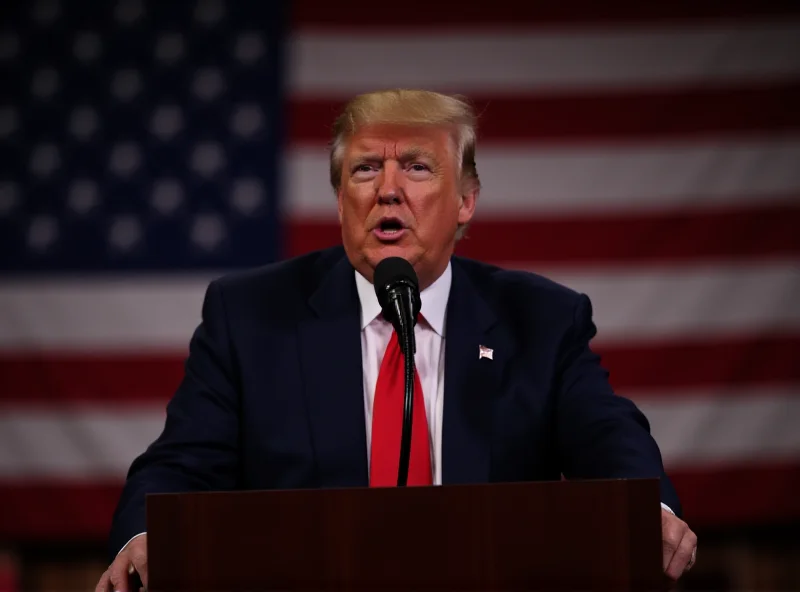 Image of Donald Trump giving a speech at a podium with an American flag in the background.