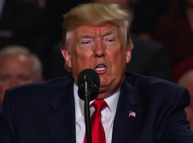 Donald Trump speaking at a podium with a serious expression.