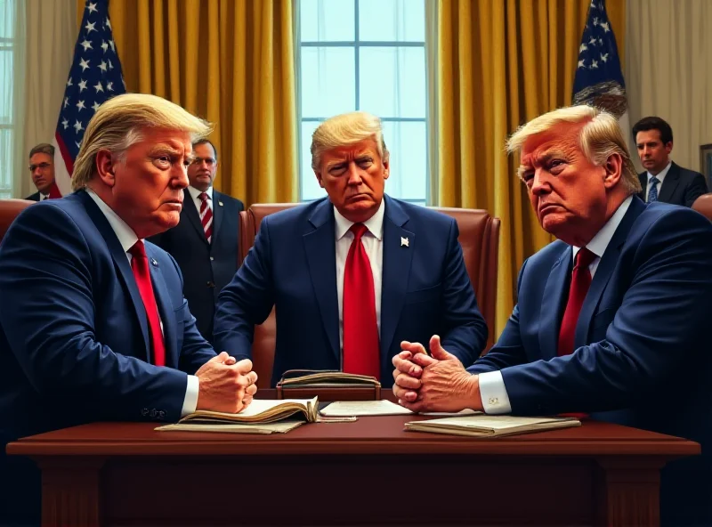 Illustration of a tense meeting between Donald Trump and Volodymyr Zelenskyy in the Oval Office, with both leaders looking displeased and reporters in the background.