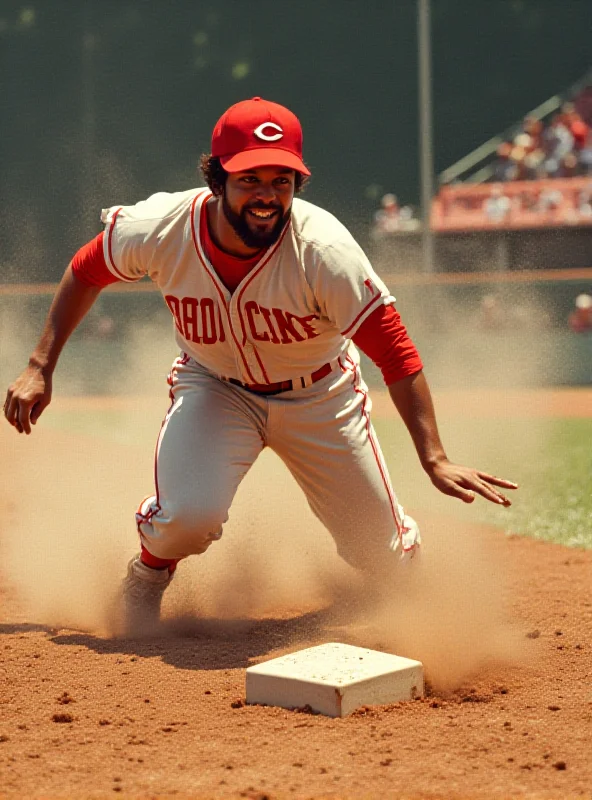 A photorealistic rendering of Pete Rose sliding into home plate during a baseball game, wearing a Cincinnati Reds uniform, with the words Charlie Hustle emblazoned across the image in a vintage baseball font.