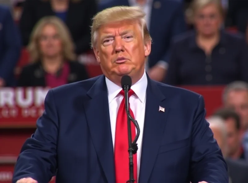 Donald Trump standing at a podium, looking directly at the camera with a determined expression. The background is blurred, suggesting a press conference or rally. The scene is brightly lit.