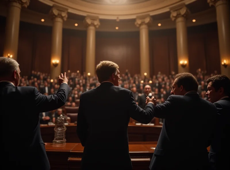 Illustration of a tense political debate in a chamber, resembling a sporting event.