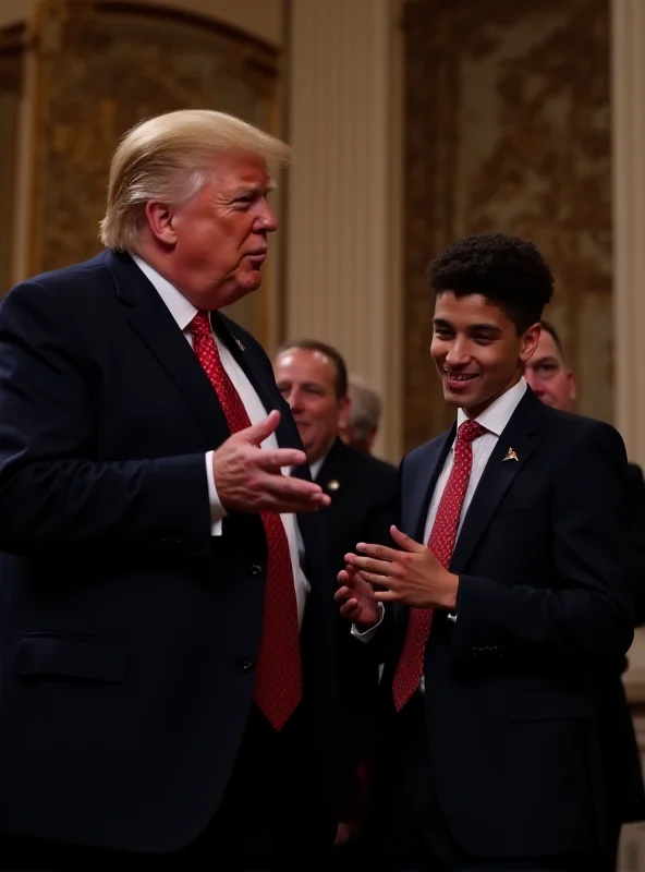 A young boy, DJ Daniel, stands proudly on stage with President Trump, both smiling.