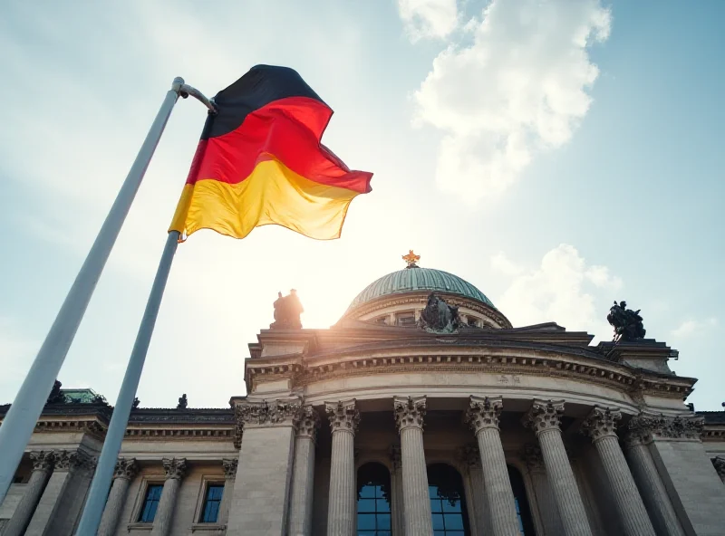 The German flag waving in front of the Reichstag building in Berlin.