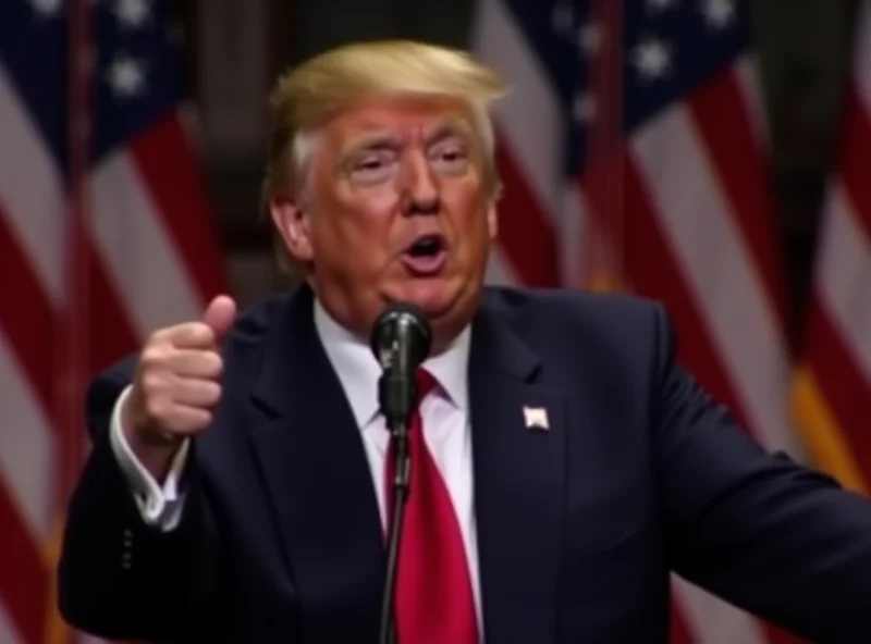 Donald Trump speaking at a rally, gesturing with his hand. The American flag is visible in the background.