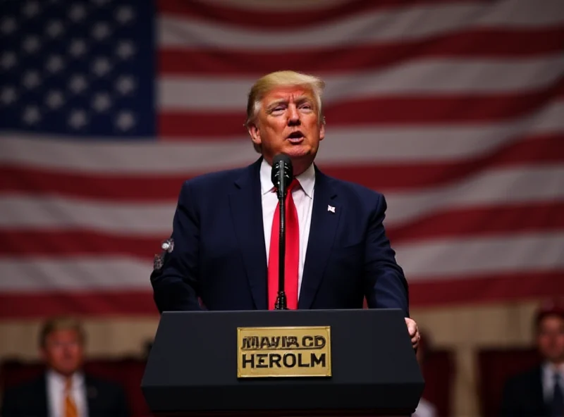 President Trump speaking at a podium with the American flag in the background.