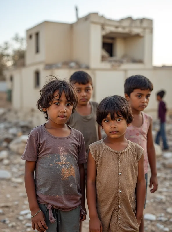 A group of young children in Lebanon, looking impoverished and malnourished, standing in front of a damaged building.