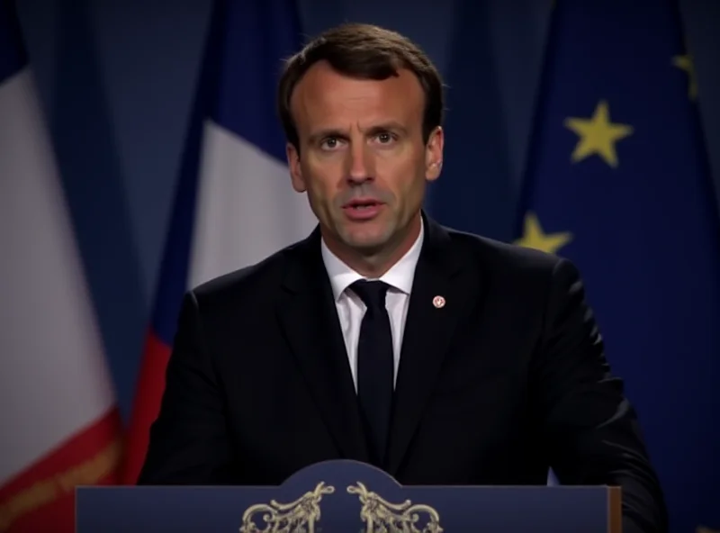 Emmanuel Macron speaking at a podium during a televised address, with flags of France and the European Union in the background.