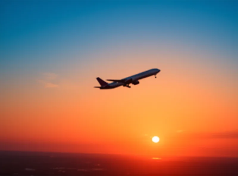 Airplane taking off at sunset