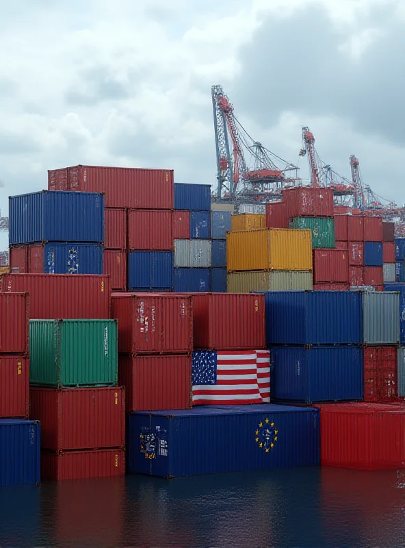 A stack of shipping containers with EU and US flags painted on them, symbolizing trade relations.